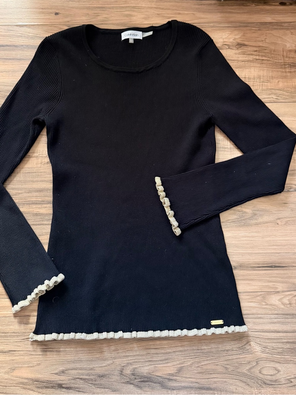 Calvin Klein Black Ribbed Long Sleeve Top with Cream Ruffle Trim
